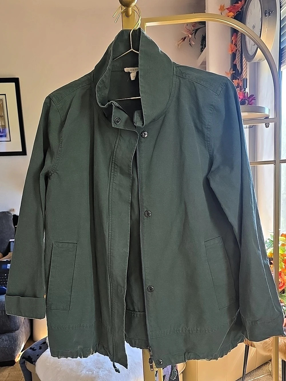 Eileen Fisher Utility Cotton Linen High Collar Jacket Green Relaxed Small Petite